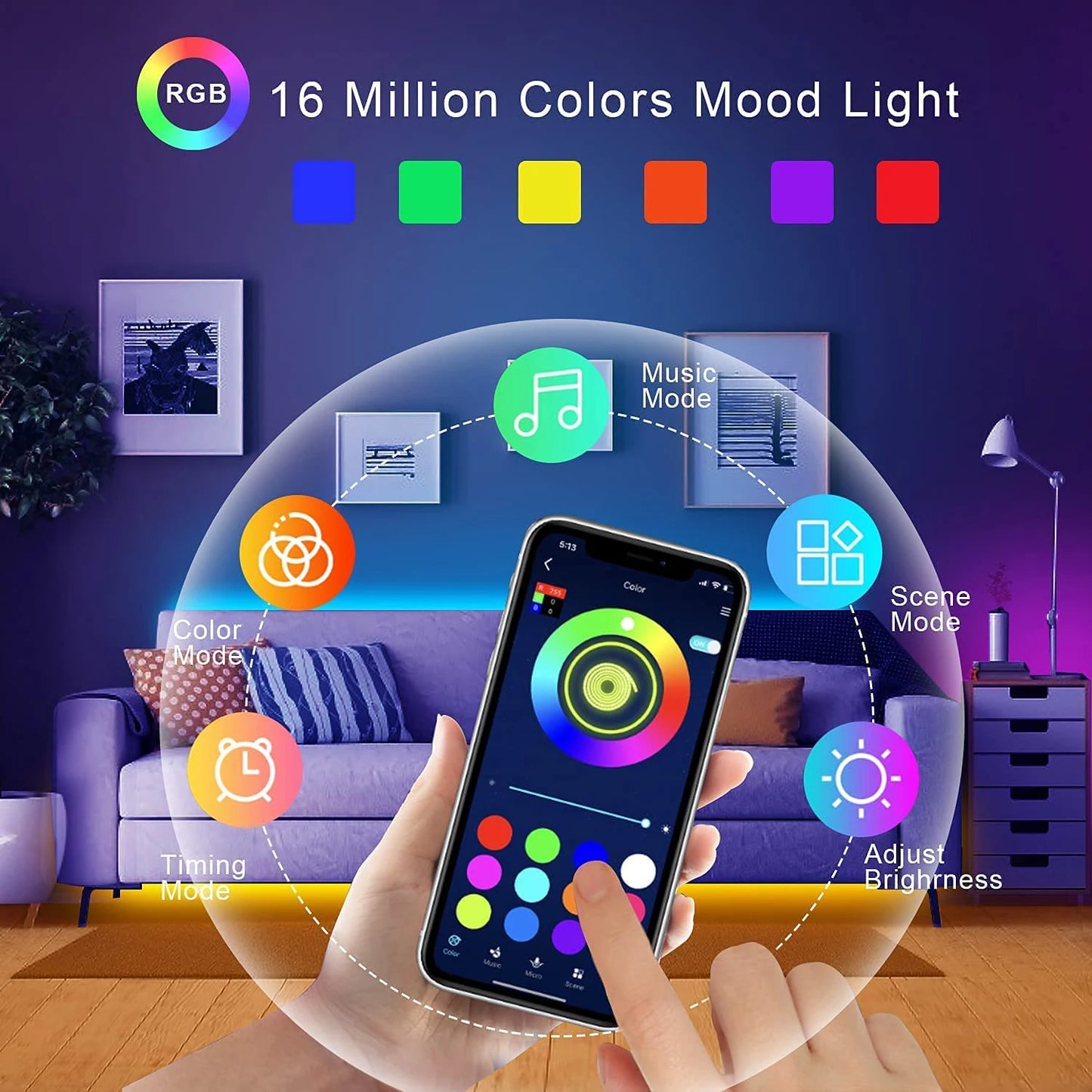 Fita de LED RGB, luz ambiente com controle por aplicativo, fita flexível de LED para decoração de quarto e sala...