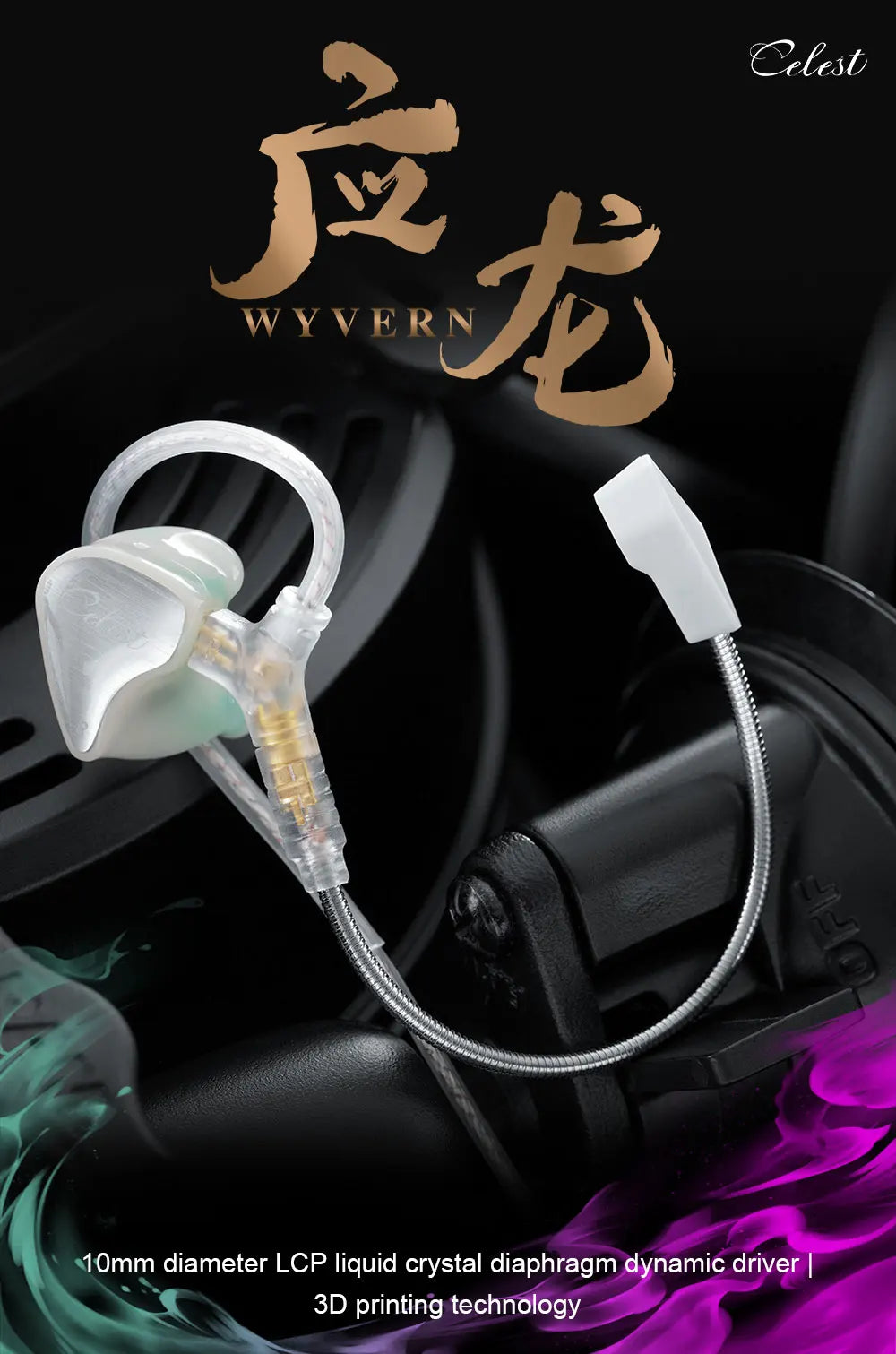 Fones de ouvido Kinera Celest Wyvern pretos com cabo e microfone