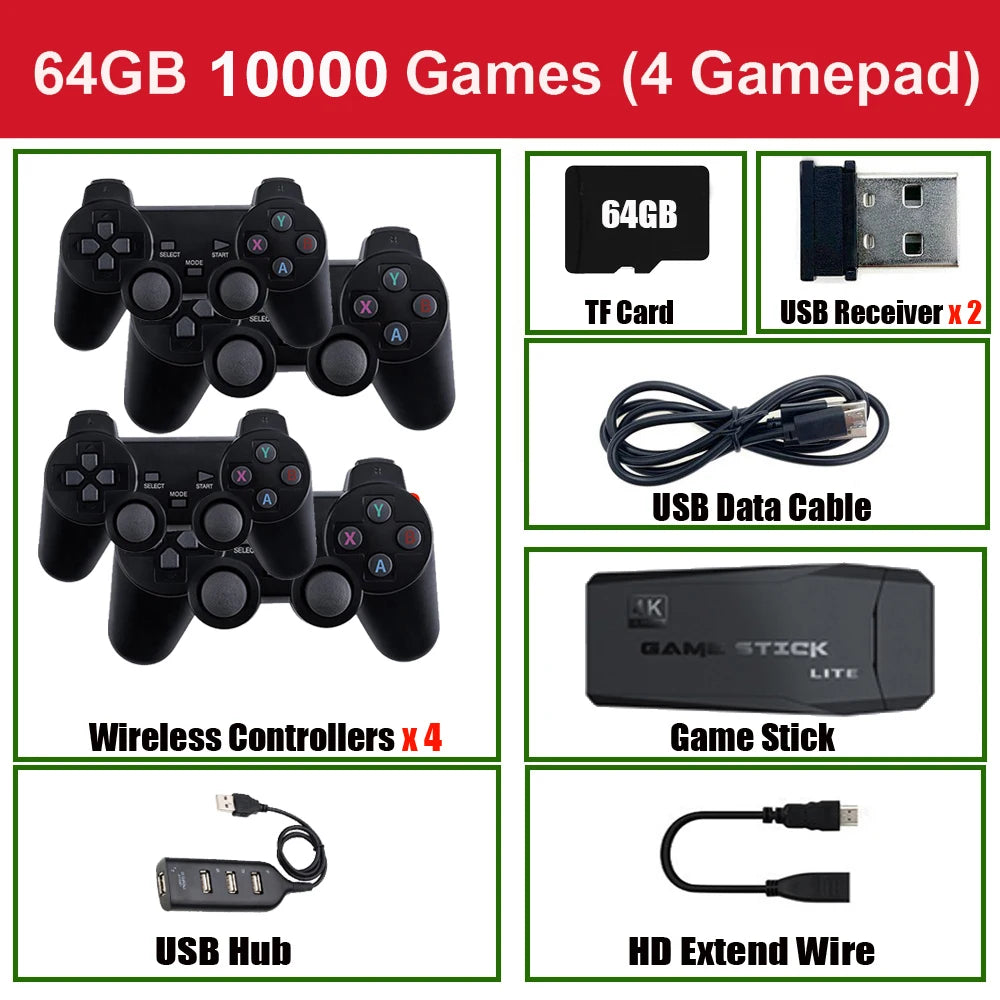 Console de videogame 2.4G para TV Controle duplo sem fio Game Stick 4K 20000 jogos 64GB 32GB