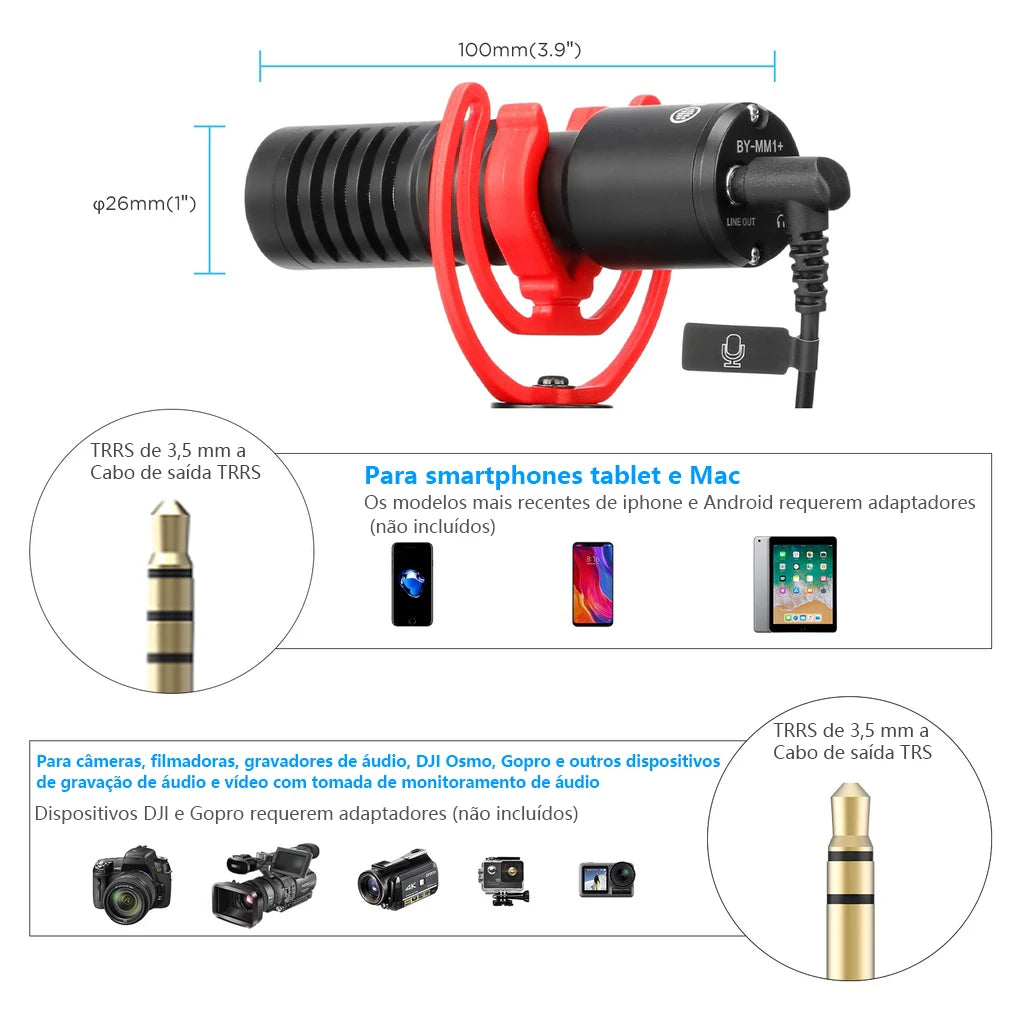 Microfone condensador profissional BOYA BY-MM1+ Mini microfone