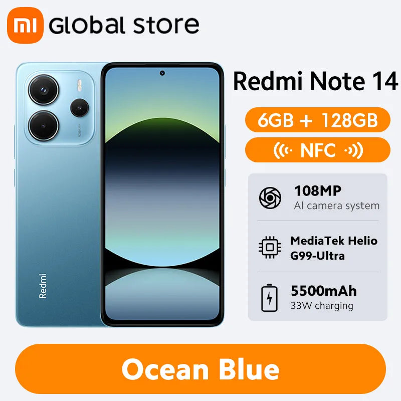 Smartphone Xiaomi Redmi Note 14, 128 GB / 256 GB de ROM, MediaTek Helio G99-Ultra, 33 W, 120 Hz, AMOLED, 108 MP, 5500 mAh