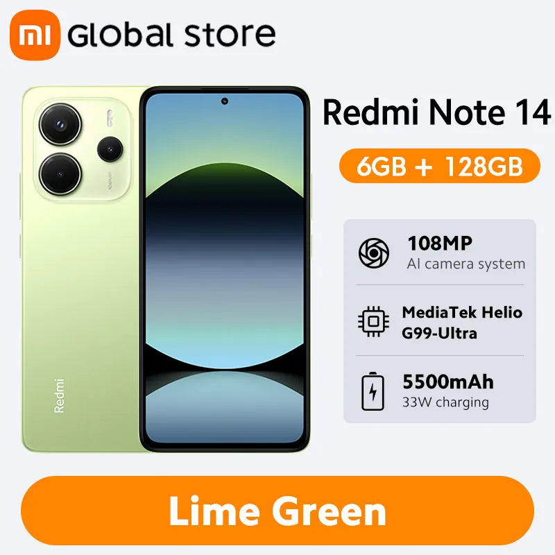 Smartphone Xiaomi Redmi Note 14, 128 GB / 256 GB de ROM, MediaTek Helio G99-Ultra, 33 W, 120 Hz, AMOLED, 108 MP, 5500 mAh