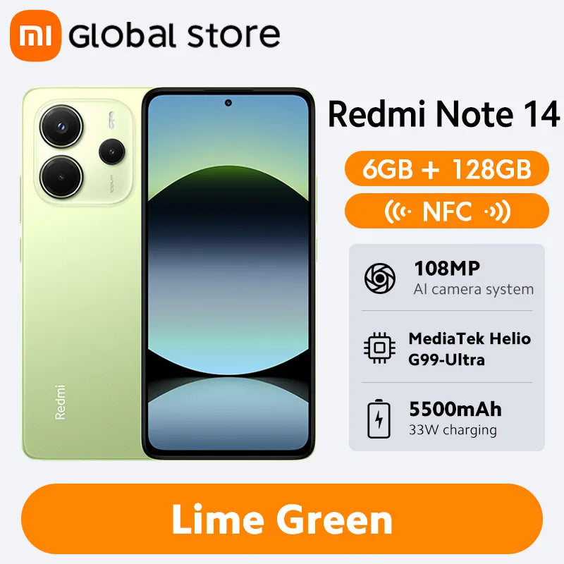 Smartphone Xiaomi Redmi Note 14, 128 GB / 256 GB de ROM, MediaTek Helio G99-Ultra, 33 W, 120 Hz, AMOLED, 108 MP, 5500 mAh