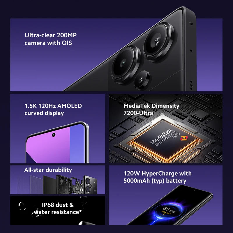Smartphone Xiaomi Redmi Note 13 Pro Plus 5G, tela MOLED curva de 6,67", MediaTek Dimensity 7200-Ultra