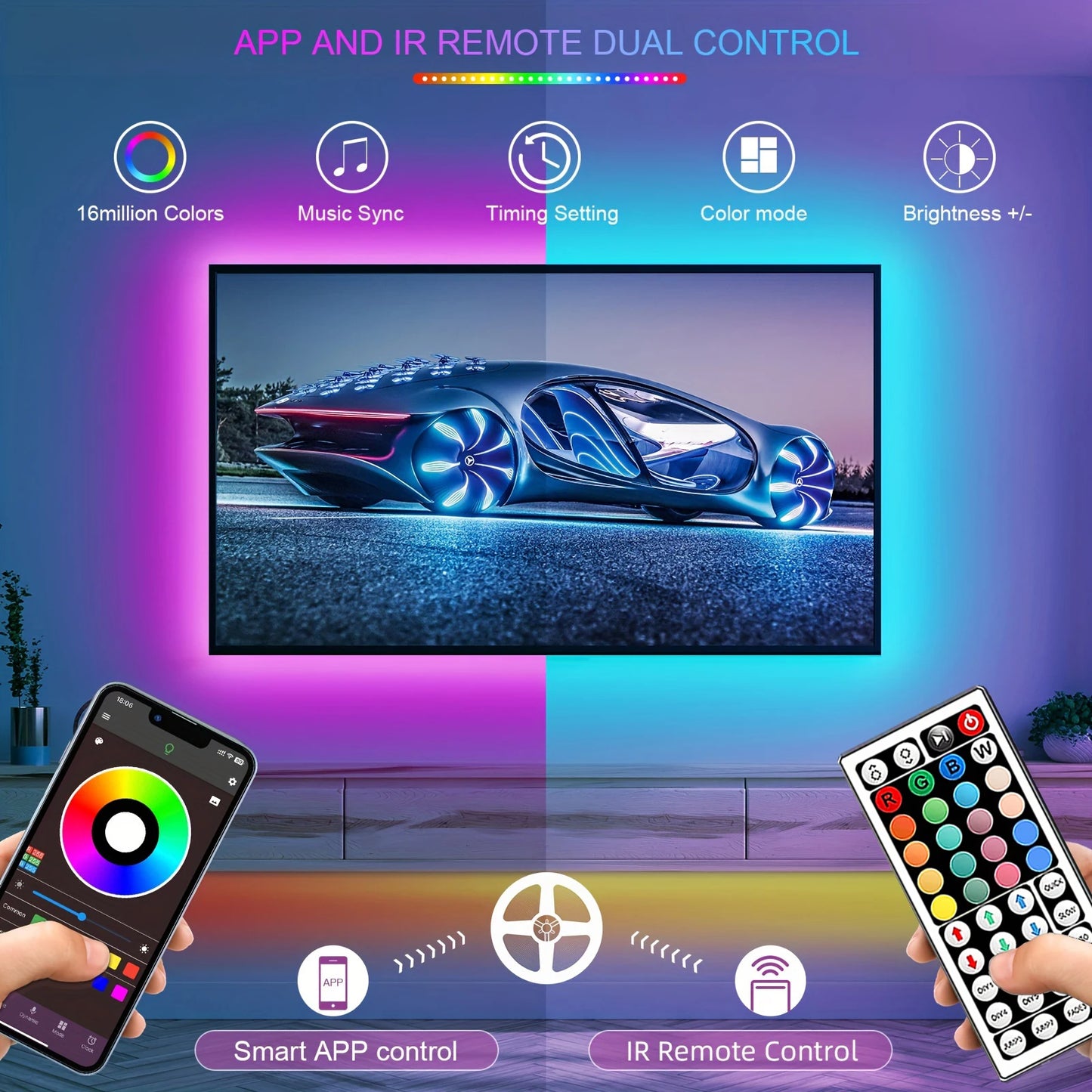 Fita de LED RGB, luz ambiente com controle por aplicativo, fita flexível de LED para decoração de quarto e sala...