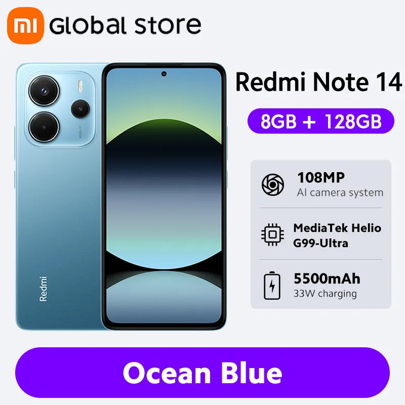 Smartphone Xiaomi Redmi Note 14, 128 GB / 256 GB de ROM, MediaTek Helio G99-Ultra, 33 W, 120 Hz, AMOLED, 108 MP, 5500 mAh
