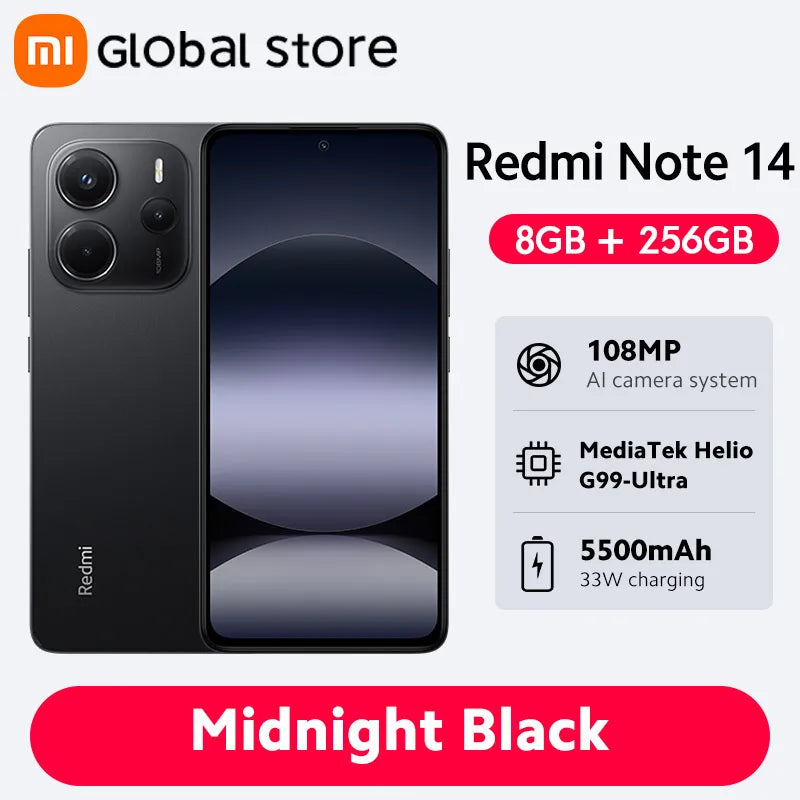 Smartphone Xiaomi Redmi Note 14, 128 GB / 256 GB de ROM, MediaTek Helio G99-Ultra, 33 W, 120 Hz, AMOLED, 108 MP, 5500 mAh