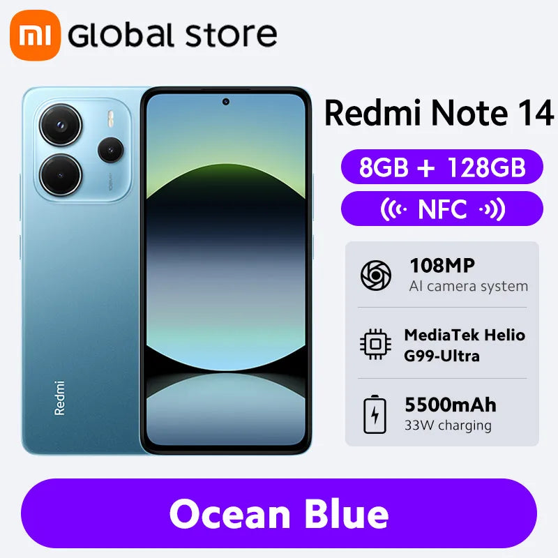 Smartphone Xiaomi Redmi Note 14, 128 GB / 256 GB de ROM, MediaTek Helio G99-Ultra, 33 W, 120 Hz, AMOLED, 108 MP, 5500 mAh