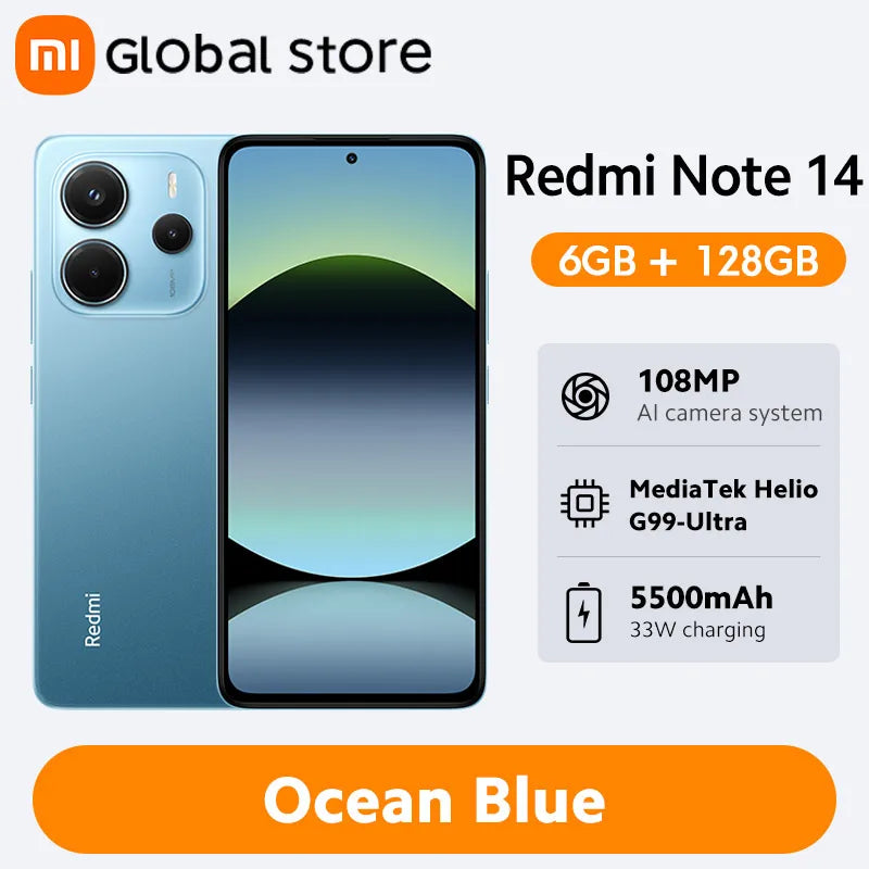 Smartphone Xiaomi Redmi Note 14, 128 GB / 256 GB de ROM, MediaTek Helio G99-Ultra, 33 W, 120 Hz, AMOLED, 108 MP, 5500 mAh