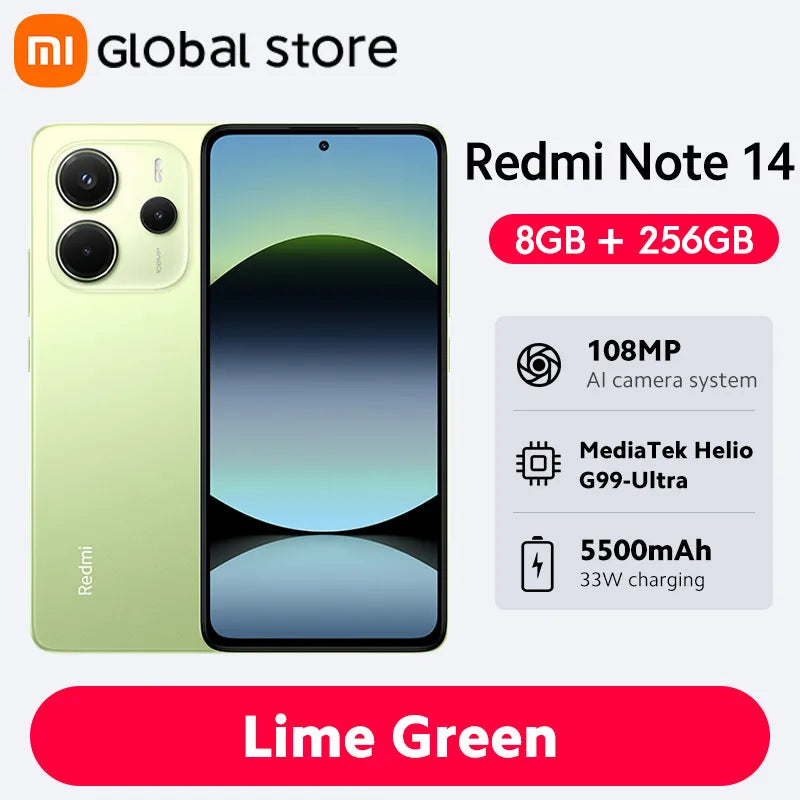Smartphone Xiaomi Redmi Note 14, 128 GB / 256 GB de ROM, MediaTek Helio G99-Ultra, 33 W, 120 Hz, AMOLED, 108 MP, 5500 mAh