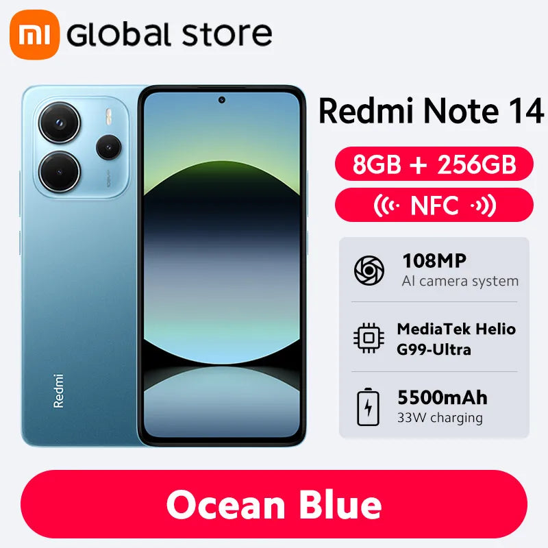 Smartphone Xiaomi Redmi Note 14, 128 GB / 256 GB de ROM, MediaTek Helio G99-Ultra, 33 W, 120 Hz, AMOLED, 108 MP, 5500 mAh