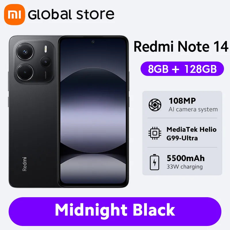 Smartphone Xiaomi Redmi Note 14, 128 GB / 256 GB de ROM, MediaTek Helio G99-Ultra, 33 W, 120 Hz, AMOLED, 108 MP, 5500 mAh