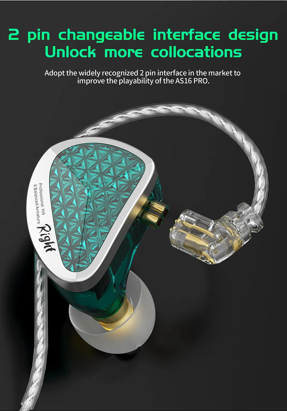 Fones de ouvido com fio KZ AS16 Pro 16BA, armadura balanceada, monitor de graves HIFI, com cancelamento de ruído