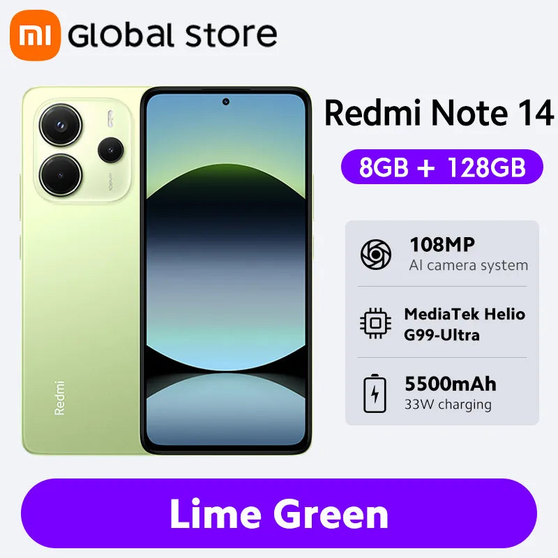 Smartphone Xiaomi Redmi Note 14, 128 GB / 256 GB de ROM, MediaTek Helio G99-Ultra, 33 W, 120 Hz, AMOLED, 108 MP, 5500 mAh