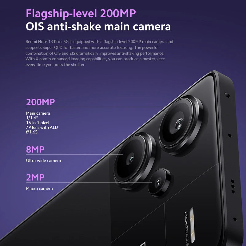 Smartphone Xiaomi Redmi Note 13 Pro Plus 5G, tela MOLED curva de 6,67", MediaTek Dimensity 7200-Ultra