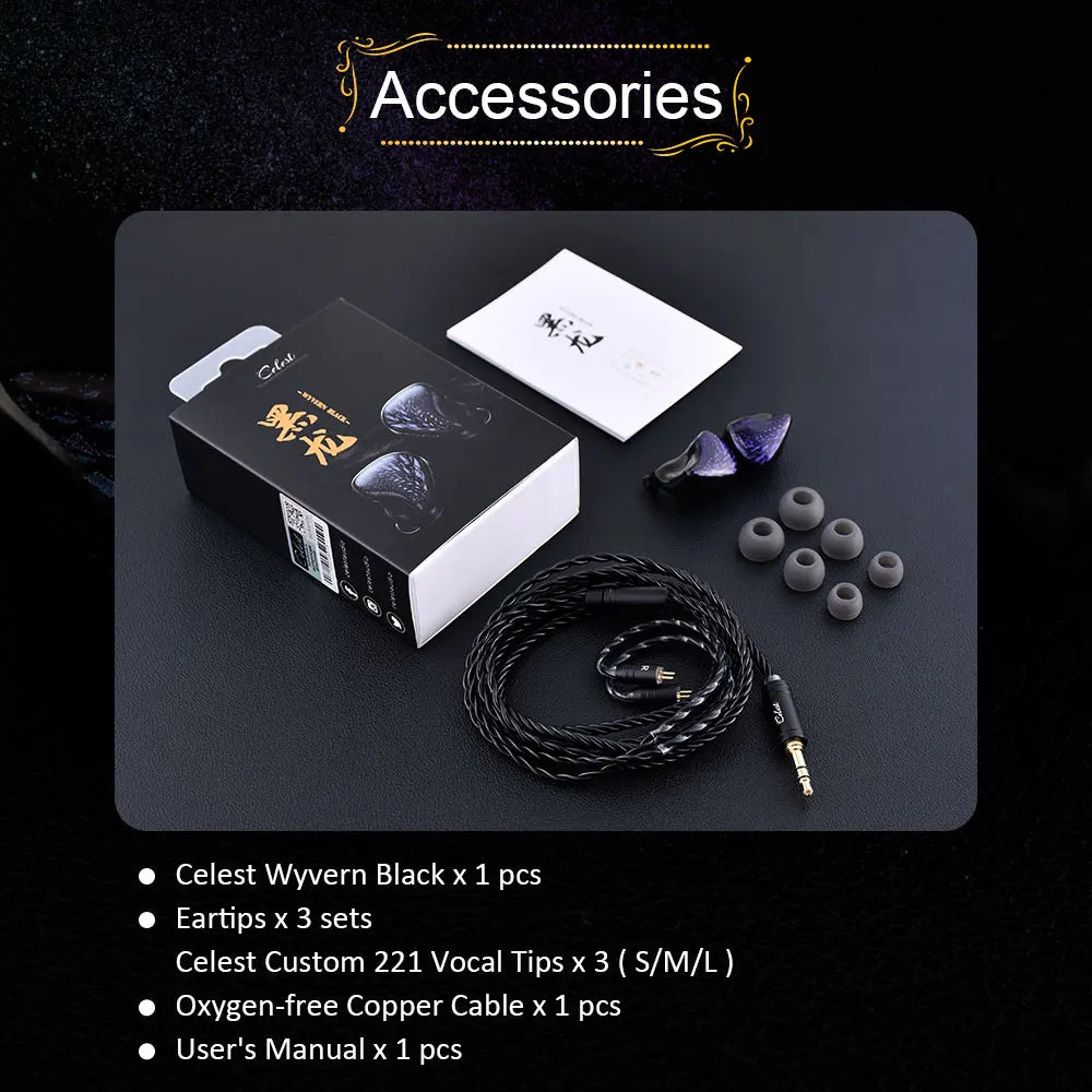 Fones de ouvido Kinera Celest Wyvern pretos com cabo e microfone