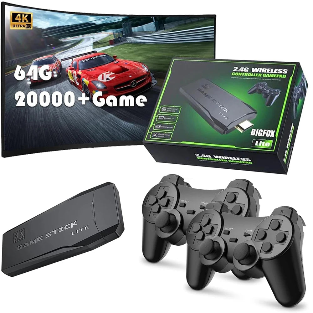 Console de videogame 2.4G para TV Controle duplo sem fio Game Stick 4K 20000 jogos 64GB 32GB