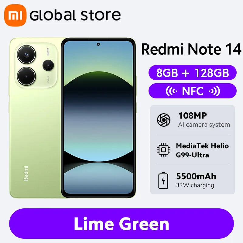 Smartphone Xiaomi Redmi Note 14, 128 GB / 256 GB de ROM, MediaTek Helio G99-Ultra, 33 W, 120 Hz, AMOLED, 108 MP, 5500 mAh