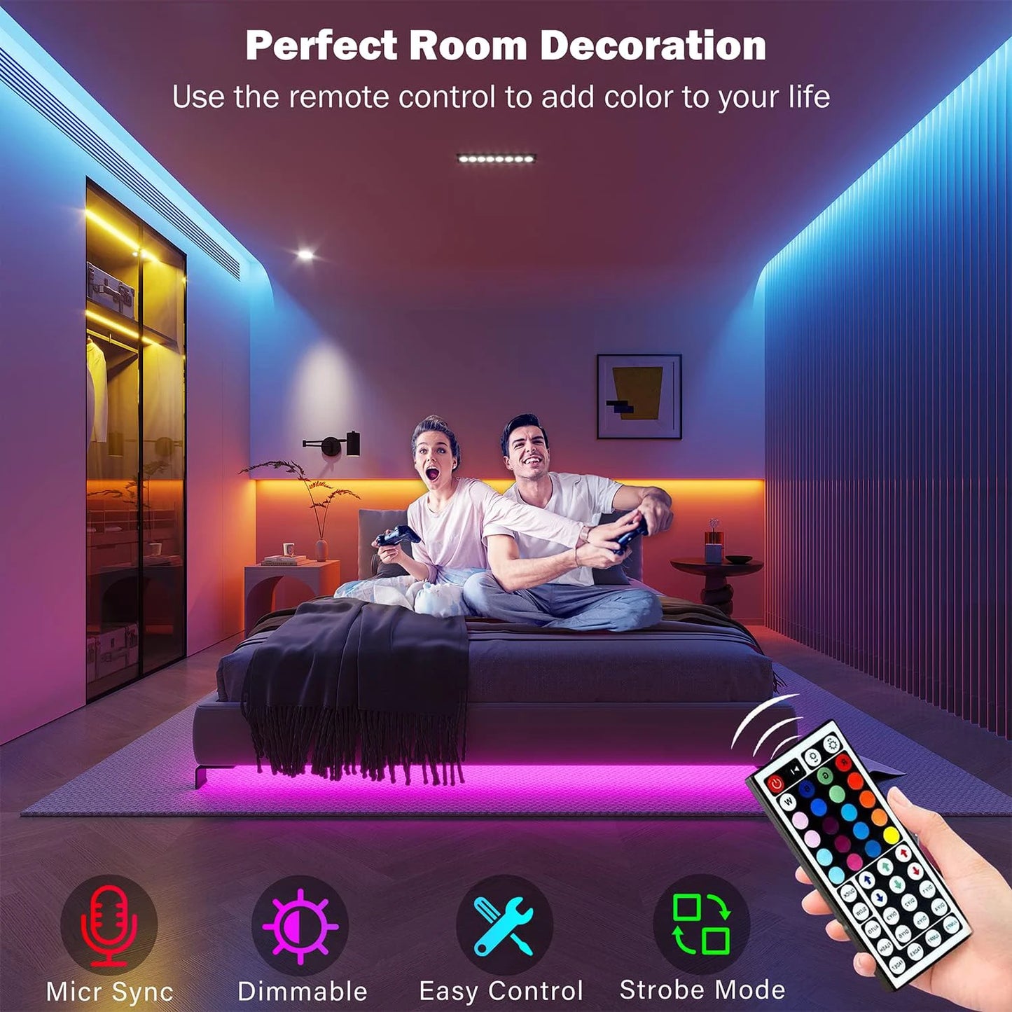 Fita de LED RGB, luz ambiente com controle por aplicativo, fita flexível de LED para decoração de quarto e sala...
