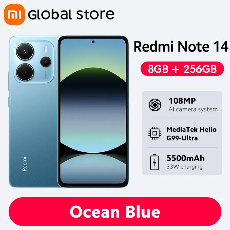 Smartphone Xiaomi Redmi Note 14, 128 GB / 256 GB de ROM, MediaTek Helio G99-Ultra, 33 W, 120 Hz, AMOLED, 108 MP, 5500 mAh
