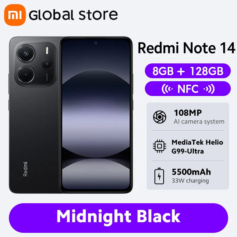 Smartphone Xiaomi Redmi Note 14, 128 GB / 256 GB de ROM, MediaTek Helio G99-Ultra, 33 W, 120 Hz, AMOLED, 108 MP, 5500 mAh