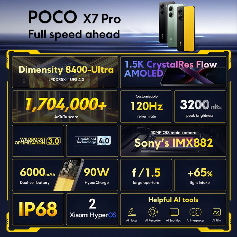Smartphone POCO X7 Pro 256GB / 512GB Dimensão 8400-Ultra 90W Carga Bateria 6000mAh IP68 NFC 5G