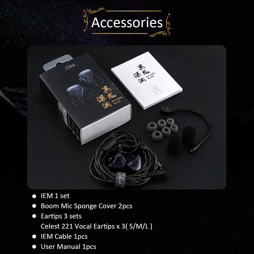Fones de ouvido Kinera Celest Wyvern pretos com cabo e microfone