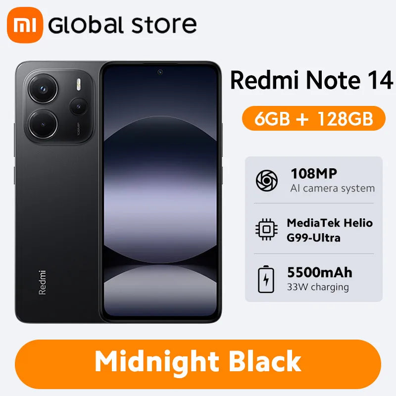 Smartphone Xiaomi Redmi Note 14, 128 GB / 256 GB de ROM, MediaTek Helio G99-Ultra, 33 W, 120 Hz, AMOLED, 108 MP, 5500 mAh