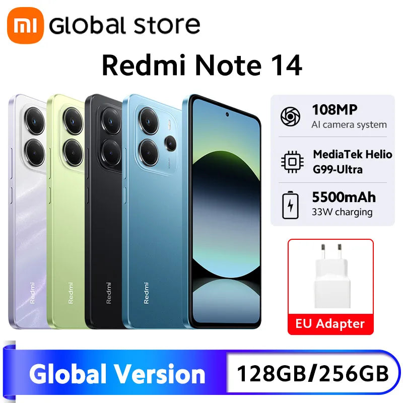 Smartphone Xiaomi Redmi Note 14, 128 GB / 256 GB de ROM, MediaTek Helio G99-Ultra, 33 W, 120 Hz, AMOLED, 108 MP, 5500 mAh