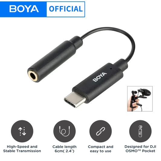 Adaptador de microfone  e áudio tipo C BOYA BY-K6 3,5 mm TRS (fêmea)