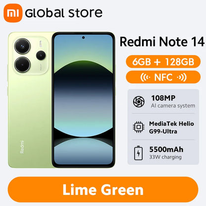 Smartphone Xiaomi Redmi Note 14, 128 GB / 256 GB de ROM, MediaTek Helio G99-Ultra, 33 W, 120 Hz, AMOLED, 108 MP, 5500 mAh