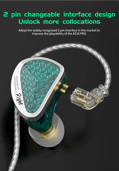 Fones de ouvido com fio KZ AS16 Pro 16BA, armadura balanceada, monitor de graves HIFI, com cancelamento de ruído