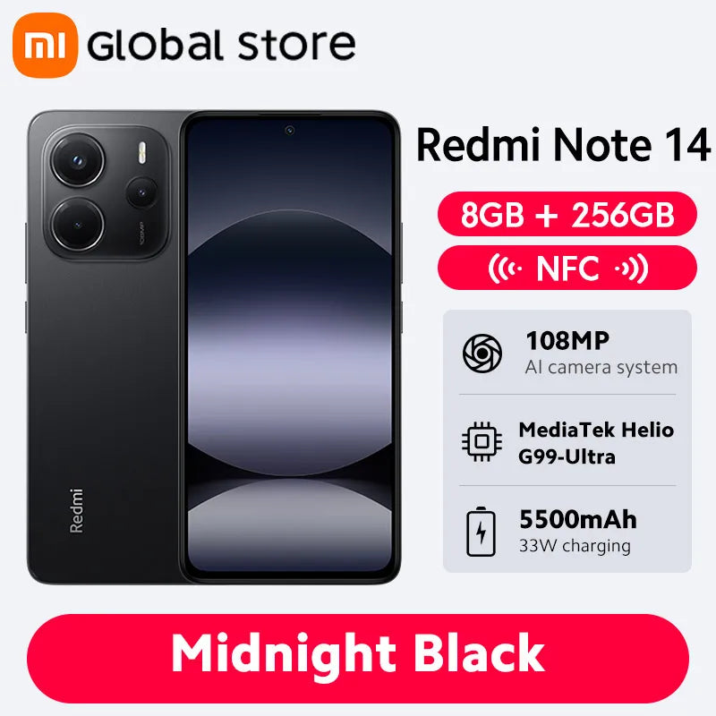 Smartphone Xiaomi Redmi Note 14, 128 GB / 256 GB de ROM, MediaTek Helio G99-Ultra, 33 W, 120 Hz, AMOLED, 108 MP, 5500 mAh