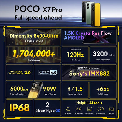 Smartphone POCO X7 Pro 256GB / 512GB Dimensão 8400-Ultra 90W Carga Bateria 6000mAh IP68 NFC 5G