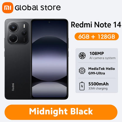 Smartphone Xiaomi Redmi Note 14, 128 GB / 256 GB de ROM, MediaTek Helio G99-Ultra, 33 W, 120 Hz, AMOLED, 108 MP, 5500 mAh
